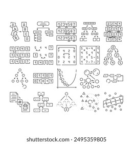 sorting algorithm data filter icons set vector. flow sort, big stroke, database editable, organize stream, structure science process sorting algorithm data filter black contour illustrations