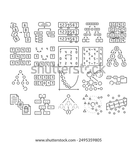 sorting algorithm data filter icons set vector. flow sort, big stroke, database editable, organize stream, structure science process sorting algorithm data filter black contour illustrations