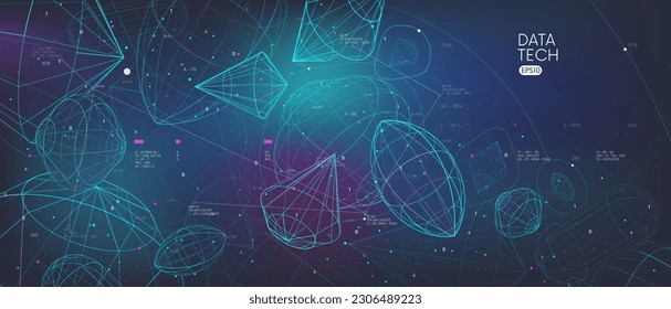 Sorting and analysis digital database, visualization of big data in the form of various wireframes 3d shapes, conceptual cyberspace of global network, vector illustration futuristic technology