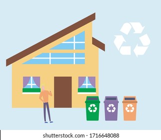 Sorting bins near the house. Reduce, Reuse, Recycle waste. Flat cartoon vector illustration on blue. Sorting waste.