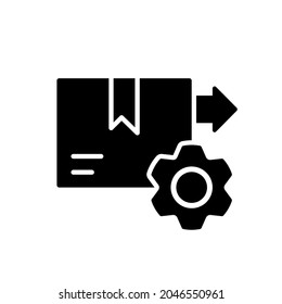 Sorting center silhouette icon. Black simple illustration of package with gear and arrow. Contour isolated vector pictogram on white background