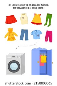 Sorting Children Educational Game. Activity For Presсhool Years Kids And Toddlers. Put All Clean Clothes In The Closet And Dirty Clothes In The Washing Machine.

