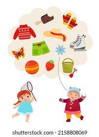 Sorting children educational game. Activity for presсhool years kids and toddlers. Give each girl the items that suit her. Teaching the seasons.

