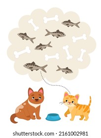 Sorting children educational game. Activity for presсhool years kids and toddlers. Feed the cat with fish, feed the dog with bones.
