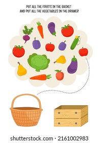 Sorting children educational game. Activity for presсhool years kids and toddlers. Put all the fruits in the basket and all the vegetables in the box.
