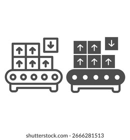 Classificando transportador com caixas marcadas com linha de seta e ícone sólido, conceito de processo de fabricação, sinal de embalagem em fundo branco, ícone de estilo de contorno para design móvel e web. Gráficos vetoriais