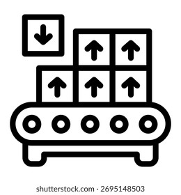 Classificando transportador com caixas marcadas com ícone de linha de seta, conceito de processo de fabricação, sinal de embalagem no fundo branco, ícone de estilo de contorno para design móvel e web. Gráficos vetoriais