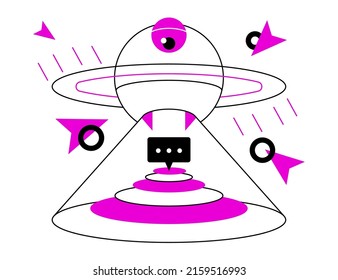 Sorting of correspondence - colorful flat design style illustration with linear elements. Purple colored picture with flying saucer that sends a message to Earth. Extraterrestrial, UFO, communication