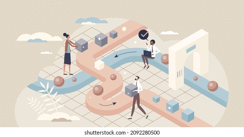 Sorting data and information flow arrangement or division tiny person concept. File funnel and analysis to make order and sequence vector illustration. Information management with big data filtering.