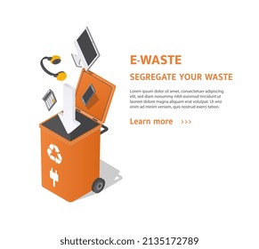 Sorting E Waste. Caring For Nature And Proper Trashdisposal. Stylish Design For Landing Page, Card With Tips. Electrical Appliances, Device, Smartphone, Computer. Cartoon Isometric Vector Illustration