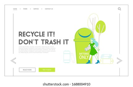 Sorting E-Waste, Garbage Segregation Landing Page Template. Woman Character Carry Huge Battery for Recycling Electric Rubbish. Environment Protection Reduce Earth Pollution. Linear Vector Illustration