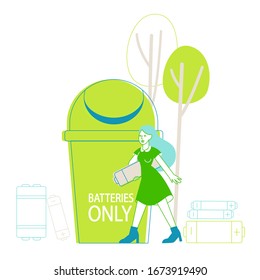 Sorting E-Waste, Garbage Segregation. Woman Character Carry Huge Battery for Recycling Electric Rubbish. Environment Protection, Reduce Earth Pollution Nature Protection. Linear Vector Illustration