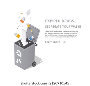 Sorting expired drugs waste. Tank for processing and destruction of tablets. Harmful chemical compounds, concern for nature. Responsibility and new technologies. Cartoon flat vector illustration