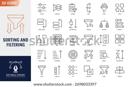 Sorting and filtering line editable icon set. Containing icons: filter, list, arrange, refine, sort, organize, priority, category and more. Vector illustration