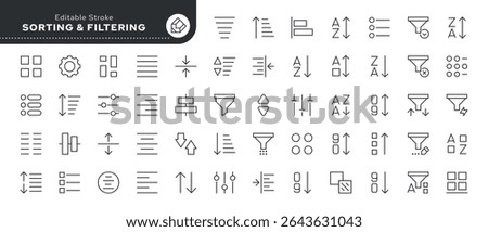 Sorting and filtering line icon set. Filter, sort, data, pattern, order, structure, digital management, processing, template and more. Outline icon in linear style. Vector collection.	



