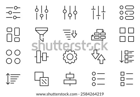 Sorting and filtering linea icons set on white background. Templates of data processing, structure order, digital management and other icons for business. Flat cartoon vector illustration.