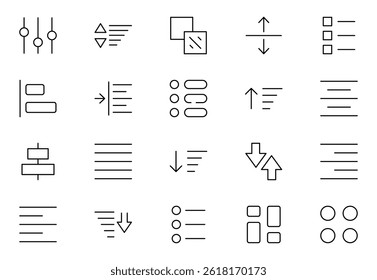 Sorting and filtering related linear icons on white background. Templates of data processing, structure order, digital management and other icons for business. Flat cartoon vector illustration.