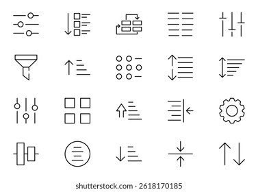 Sorting and filtering related linear icons on white background. Templates of data processing, structure order, digital management and other icons for business. Flat cartoon vector illustration.