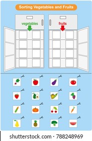 Sorting Fruits and Vegetables inrefrigerator, worksheet for kindergarten, preschool