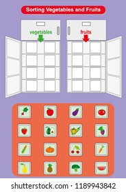 Sorting Fruits and Vegetables in refrigerators, worksheet for kindergarten kids, learning fruits and vegetables
