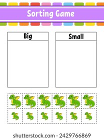 Sorting game for children. Happy characters. Big and small. Education worksheet. Vector illustration.