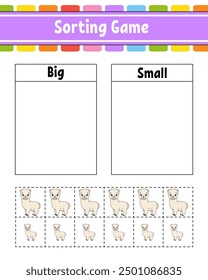 Sorting game for children. Happy characters. Big and small. Education worksheet. Vector illustration.
