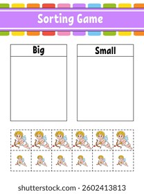 Sorting game for children. Happy characters. Big and small. Education worksheet. Vector illustration.