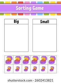 Sorting game for children. Happy characters. Big and small. Education worksheet. Vector illustration.