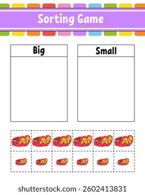 Sorting game for children. Happy characters. Big and small. Education worksheet. Vector illustration.