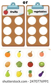 Sorting game fruits or vegetables. Preschool worksheet for kids. Cut and glue educational children game.