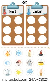 Sorting game hot or cold. Opposites learining. Preschool worksheet for kids. Cut and glue educational children game.