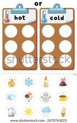 Sorting game hot or cold. Opposites learining. Preschool worksheet for kids. Cut and glue educational children game.