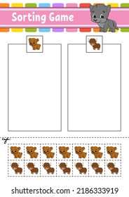 Selección de juegos para niños. Cortar y pegar. Educación desarrollando hoja de trabajo. Juego de correspondencia para niños. Página de actividad de color. Rompecabezas para los niños. Carácter lindo. Ilustración vectorial. estilo de dibujos animados.