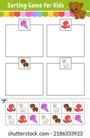 Sorting Spiel für Kinder. Schneiden und Kleben. Arbeitsblatt für die Erziehung. Das passende Spiel für Kinder. Seite mit Farbaktivität. Puzzle für Kinder. Rutsche Zeichen. Vektorgrafik. Cartoon-Stil.