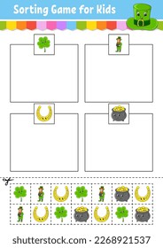 Sorting game for kids. Cut and glue. Education developing worksheet. Matching game for kids. Color activity page. Puzzle for children. Cute character. Vector illustration.