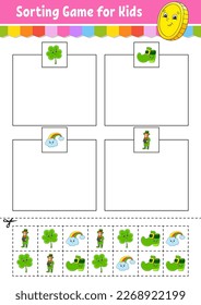 Sorting game for kids. Cut and glue. Education developing worksheet. Matching game for kids. Color activity page. Puzzle for children. Cute character. Vector illustration.
