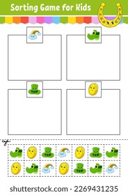 Sorting Spiel für Kinder. Schneiden und Kleben. Arbeitsblatt für die Erziehung. Das passende Spiel für Kinder. Seite mit Farbaktivität. Puzzle für Kinder. Rutsche Zeichen. Vektorgrafik.