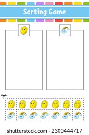 Sorting Spiel für Kinder. Schneiden und Kleben. Arbeitsblatt für die Erziehung. Das passende Spiel für Kinder. Seite mit Farbaktivität. Puzzle für Kinder. Rutsche Zeichen. Vektorgrafik.