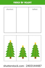 Sorting game for kids. Sort Christmas trees by height.