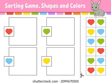 Juego de ordenación. Formas y colores. Cortar y pegar. Educación desarrollando hoja de trabajo. Juego para niños. Página de actividad de color. Rompecabezas para los niños. Carácter lindo. Ilustración vectorial. estilo de dibujos animados.