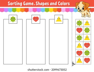 Sorting game. Shapes and colors. Cut and glue. Education developing worksheet. Game for kids. Color activity page. Puzzle for children. Cute character. Vector illustration. cartoon style.