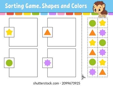 Sorting game. Shapes and colors. Cut and glue. Education developing worksheet. Game for kids. Color activity page. Puzzle for children. Cute character. Vector illustration. cartoon style.