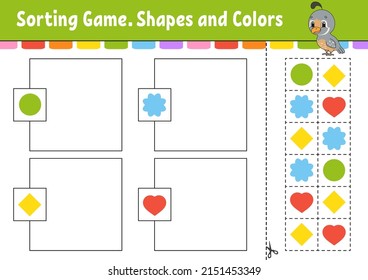 Sorting game. Shapes and colors. Cut and glue. Education developing worksheet. Game for kids. Color activity page. Puzzle for children. Cute character. Vector illustration. cartoon style.