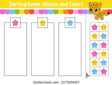 Sorting game. Shapes and colors. Cut and glue. Education developing worksheet. Game for kids. Color activity page. Puzzle for children. Cute character. Vector illustration. cartoon style.