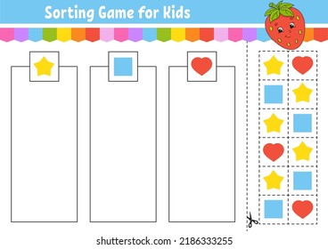 Sorting game. Shapes and colors. Cut and glue. Education developing worksheet. Game for kids. Color activity page. Puzzle for children. Cute character. Vector illustration. cartoon style.