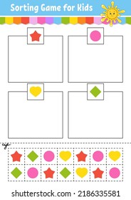 Sorting game. Shapes and colors. Cut and glue. Education developing worksheet. Game for kids. Color activity page. Puzzle for children. Cute character. Vector illustration. cartoon style.