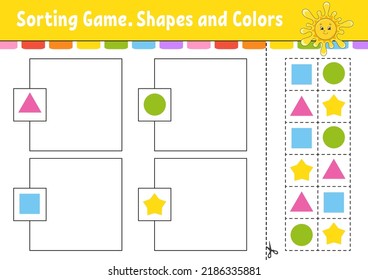 Sorting game. Shapes and colors. Cut and glue. Education developing worksheet. Game for kids. Color activity page. Puzzle for children. Cute character. Vector illustration. cartoon style.