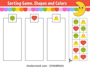 Juego de ordenación. Formas y colores. Cortar y pegar. Educación desarrollando hoja de trabajo. Juego para niños. Página de actividad de color. Rompecabezas para los niños. Carácter lindo. Ilustración vectorial. estilo de dibujos animados.