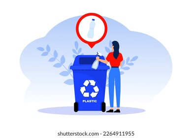 Sorting garbage by material and type in trash can. People collecting plastic trash into recycling garbage bin. Plastic pollution problem concept. Separation of waste on garbage cans for recycling