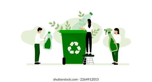 Sorting garbage by material and type in trash can. People collecting plastic trash into recycling garbage bin. Plastic pollution problem concept. Separation of waste on garbage cans for recycling